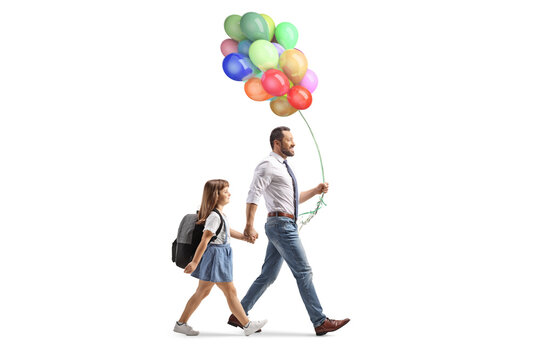 Farher and daughter walking with a bunch of colorful balloons