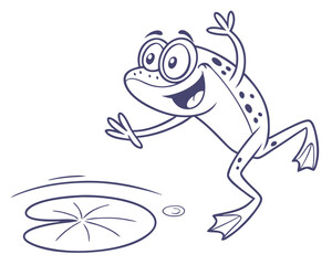 Cartoon frog happily jumping near a lily pad  