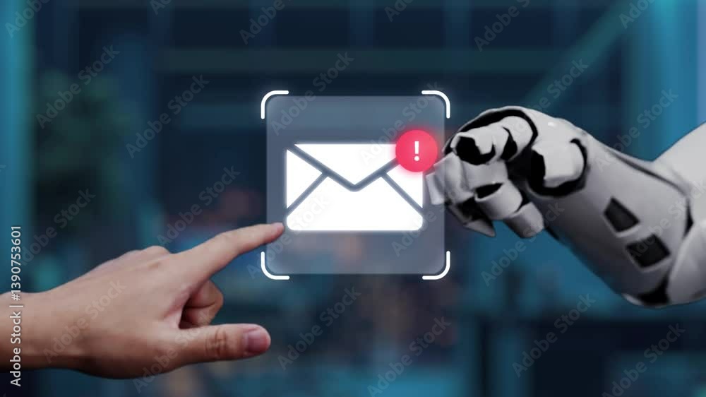 Poster a futuristic depiction of a robotic hand interacting with an email symbol in a modern office environ