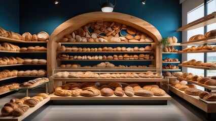 Shelves filled with an assortment of freshly baked loaves of bread.