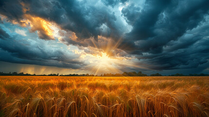 Vast Wheat Field Under A Stormy Sky Dark Thunderclouds Sun Rays Piercing Through UltraDetailed