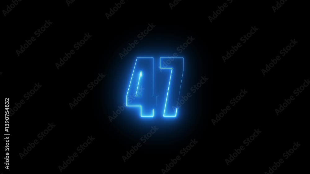 Poster abstract glowing neon text 47 number countdown icon. glowing sign on black background neon number. g