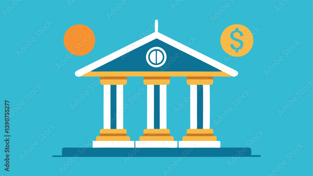 Poster central bank building an icon of a classical bank building with pillars with a scale balancing infla