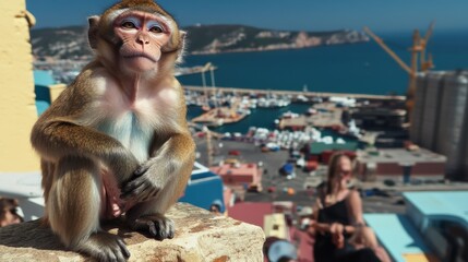 Barbary macaque monkey sitting on a wall in gibraltar with tourists in background