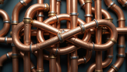 Intricate copper pipe network showcasing industrial design and engineering marvels in modern decor
