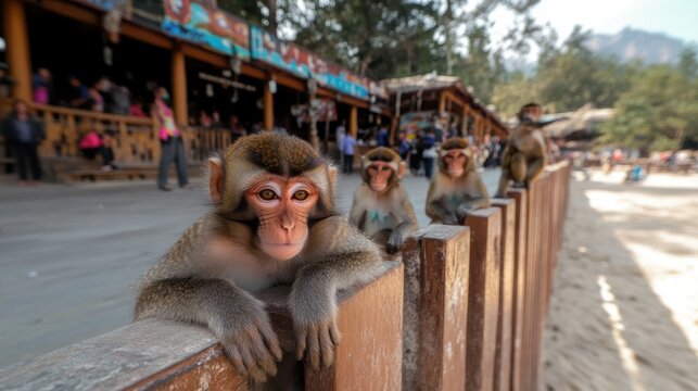Monkeys sitting on a wooden fence, observing tourists - Powered by Adobe