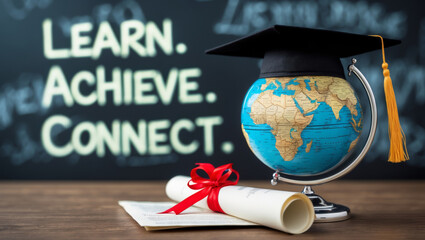 Celebrate academic achievement with graduation cap and globe symbolizing global learning and knowledge