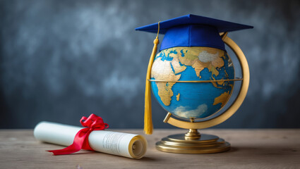 Graduation cap and diploma placed beside globe for global learning and motivation in education settings