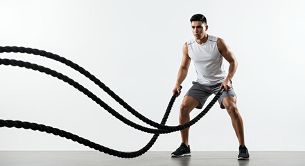 Man exercising with battle ropes for strength and fitness training