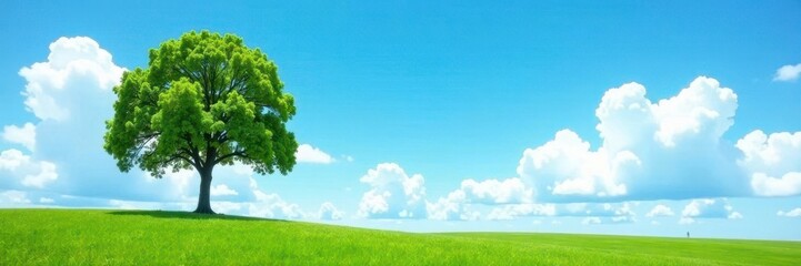 Fototapeta premium Tree against bright blue sky with white clouds, vastness, silence