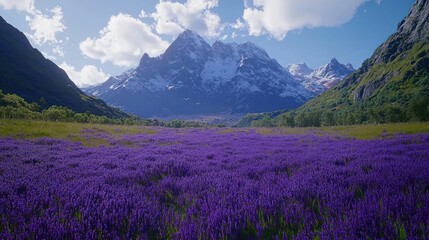 Obraz premium Vast lavender field beneath snow-capped mountains