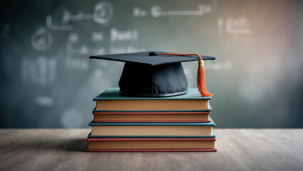 Graduation cap rests on stacked books symbolizing academic achievement and motivation in global learning and education