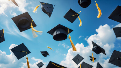 Graduation caps soar in the blue sky during a joyful celebration of academic achievement and global learning