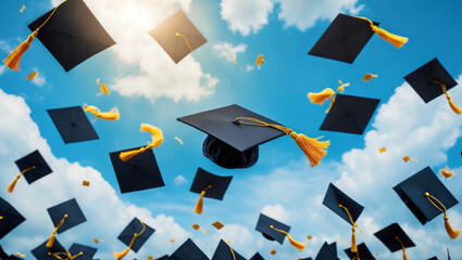 Graduation caps fly high in the sky during a joyful celebration of academic achievements and global education