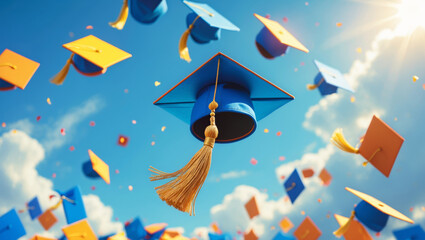 Graduation cap celebration featuring flying caps in a clear sky, symbolizing academic achievement and global learning
