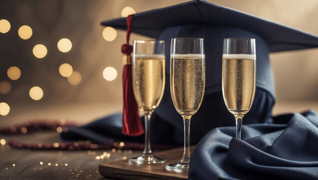 Celebration of academic achievement with champagne flutes beside a graduation cap and elegant backdrop
