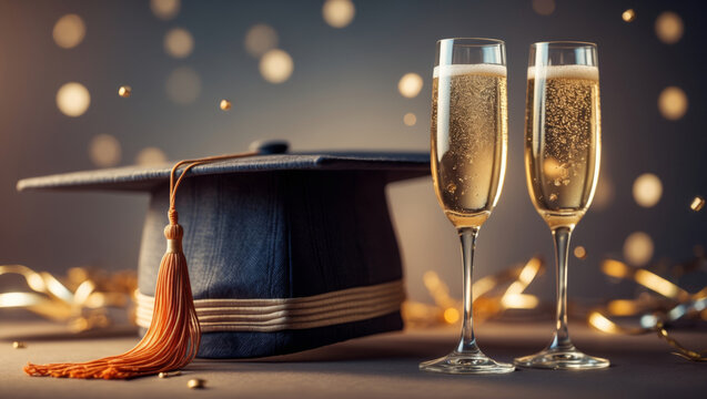 Celebration of education and achievement with graduation cap and champagne glasses at a joyous gathering