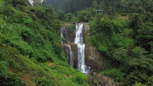 Relaxing Drone View of Ramboda Waterfall in Tropical Sri Lanka