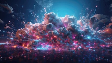 Fototapeta premium A digital illustration of a glowing cloud shape integrated with a network of fast-moving data streams