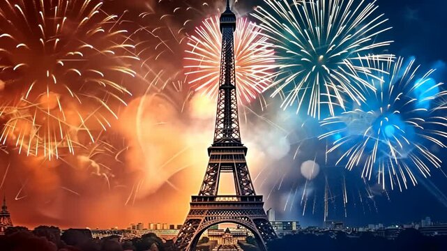 Eiffel tower dazzles with vibrant fireworks against a starry night sky