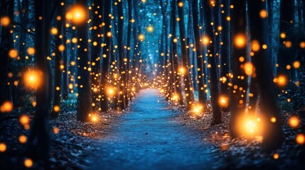 Enchanting night forest path with glowing lights, magical atmosphere, fantasy backdrop