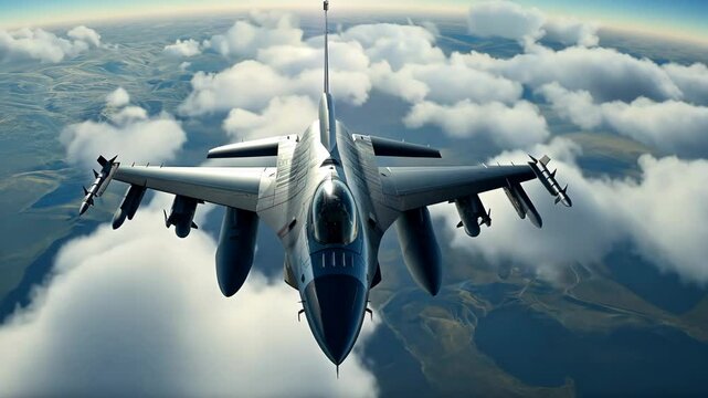 Combat fighter jet flies on a mission above the clouds