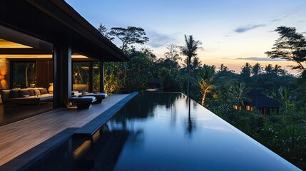 Fototapeta premium Serene Modern Villa with Infinity Pool Overlooking Lush Tropical Landscape at Dusk