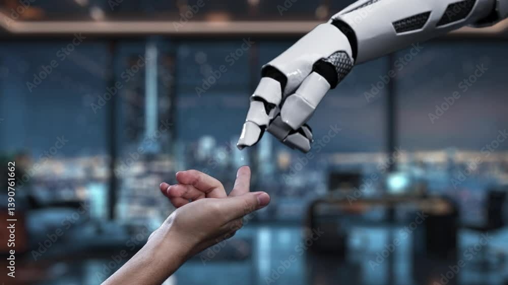 Poster a robotic hand touches a glowing security shield, representing the intersection of advanced technolo