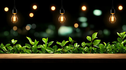 Wooden Table with Green Plants and Hanging Lights in Dark Setting City Background