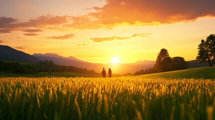 Sunset Over Wheat Field Silhouette Of Couple Walking In Golden Light With Warm Tones