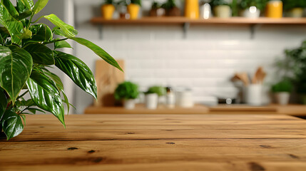 Wooden Table With Green Plant Leaves Against Blurred Kitchen Shelves Background