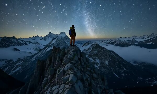Mountain Climber Successfully Reached The Highest Peak. Clear Night Sky With Thousands Of Stars In The Background. 4k video 