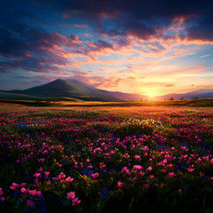 Obraz premium Sunset Over Wildflower Field with Mountainous Backdrop and Pink and Purple Hues