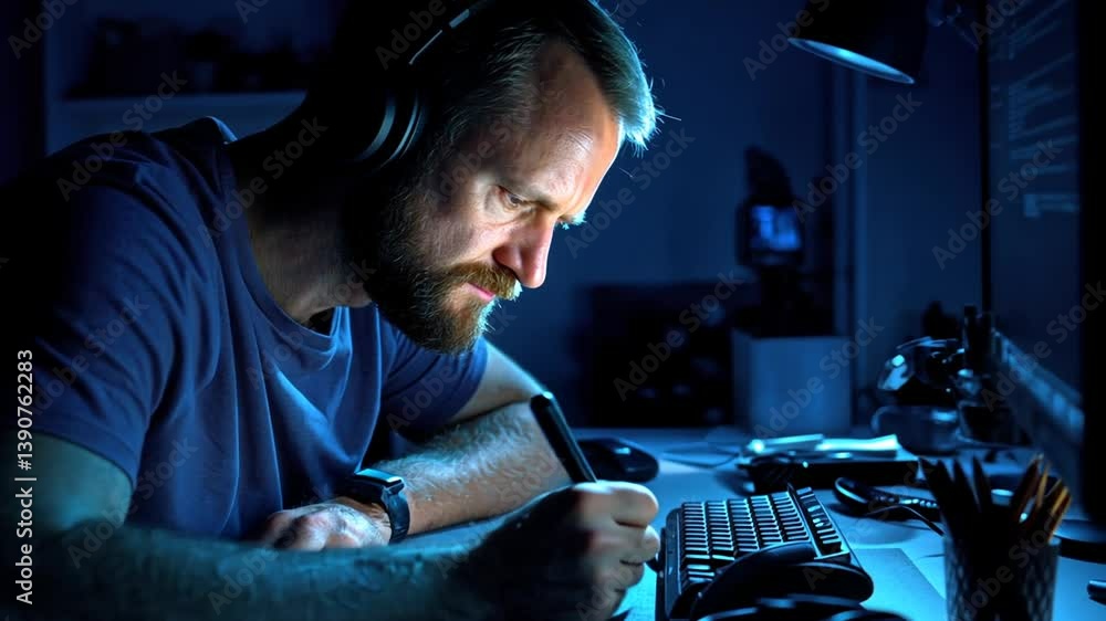 Poster focused computer programmer working late at night on coding tasks generative ai