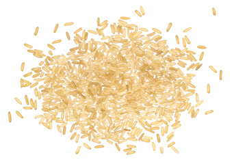 Integral, uncooked long grain brown rice pile isolated on white background, top view	