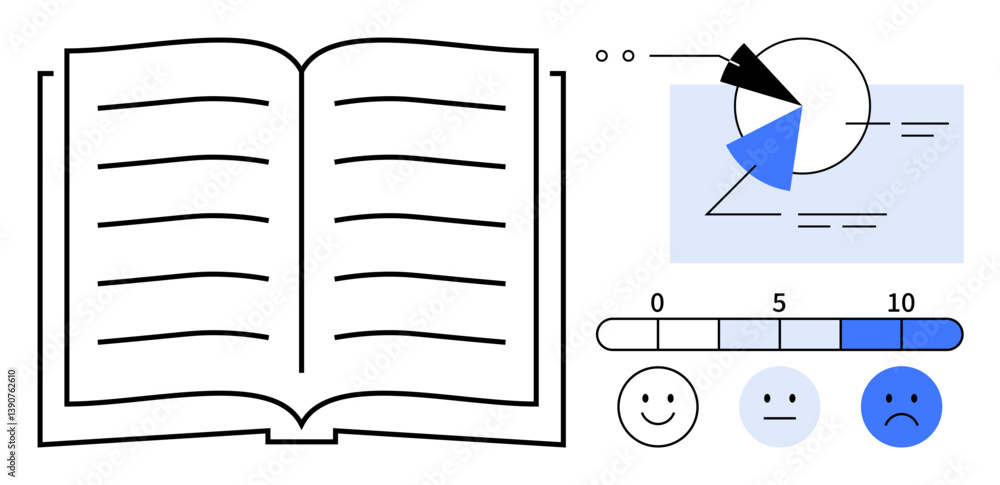 Poster open book with visible text lines, pie chart, data graph, and feedback scale with happy faces repres