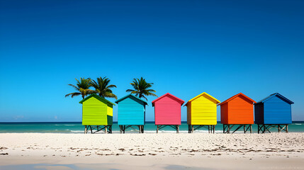 Vibrant Colorful Beach Huts Lined Along White Sandy Shore Under Bright Blue Sky