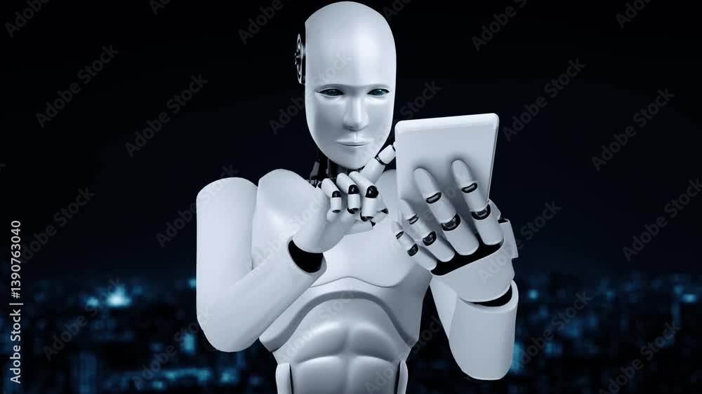 Poster robot hominoid use mobile phone or tablet for big data analytic using ai thinking brain , artificial