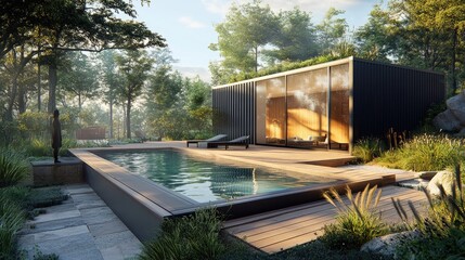Modern Minimalist House with Swimming Pool Surrounded by Lush Greenery in a Sunlit Outdoor Environment