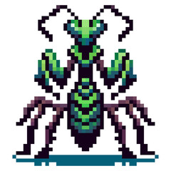 Pixel art image depicting a vibrant green praying mantis with detailed segments and realistic front legs in a striking position