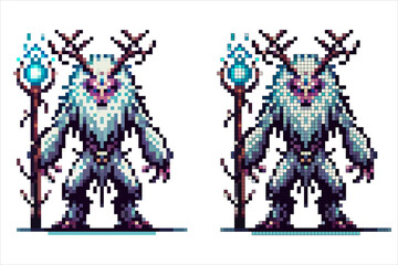Pixel art fantasy creature with white fur antlers holding a glowing staff with a blue orb isolated on a white background