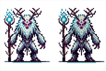 Pixel art fantasy creature with white fur antlers holding a glowing staff with a blue orb isolated on a white background