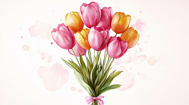 Watercolor illustration of a vibrant bouquet of tulips on a white background, showcasing delicate petals and artistic brushstrokes in a fresh, spring-inspired style.