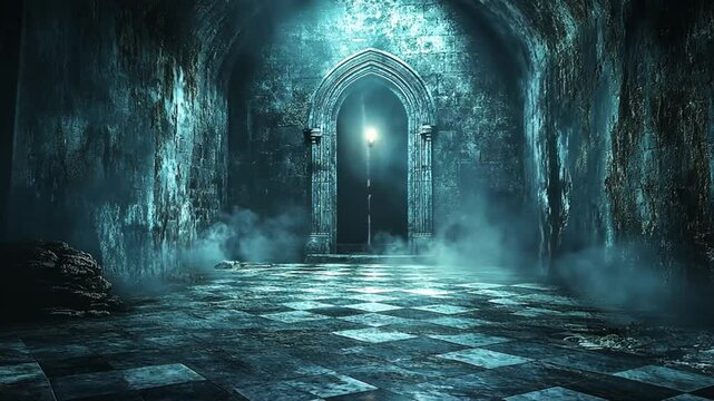 Mystical gothic archway, glowing light,  ancient corridor,  interior scene, suitable for fantasy, game, or movie backgrounds