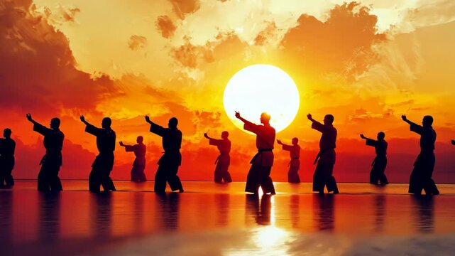 Silhouettes performing tai chi by the ocean at sunrise, capturing graceful movements in tranquil setting. World Tai Chi and Qigong Day