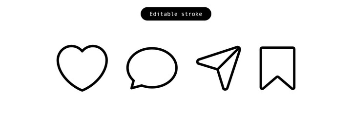 Like, comment, share icon buttons and speech bubble and love heart flat icon , Social media notification icons. emoji post reactions - Add to favorite icon set. editable stroke