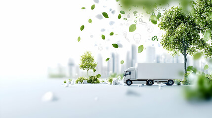 White Delivery Truck Driving Through Abstract Cityscape With Green Leaves and Trees Conceptual Transportation