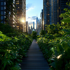 Fototapeta premium Wooden Walkway Through Lush Greenery Leading To A Cityscape Under Sunny Skies