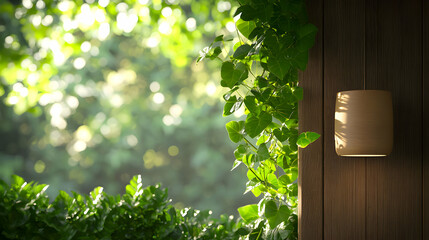 Wooden Wall With Hanging Lamp and Green Foliage in Soft Focus with Light Flares