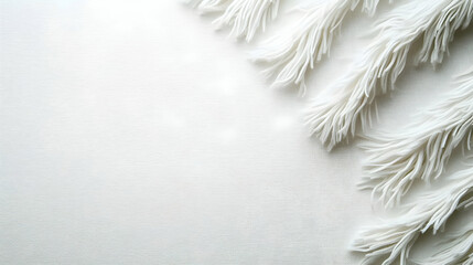 White Fabric Fringe Detail on White Wooden Surface with Soft Lighting and Texture